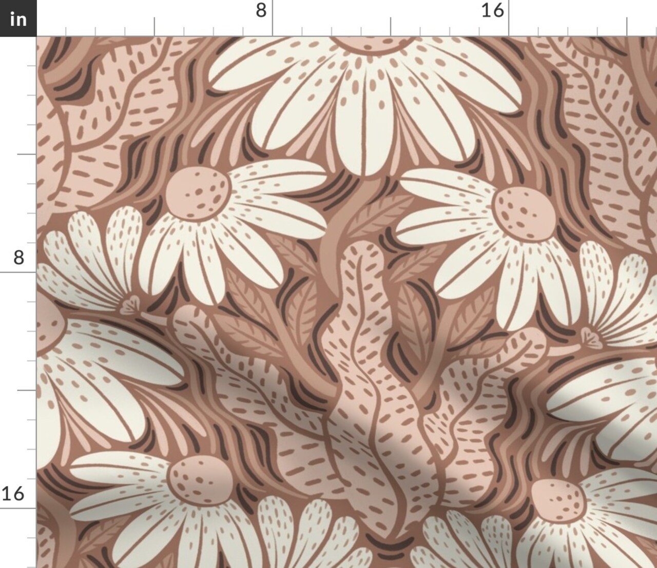 Whimsical Floral Retro Blossom Earth Tone Daisy Dots Leaves Daisies Garden Large Scale Custom Printed Fabric by Spoonflower Various Fabrics by the Yard or Fat Quarter